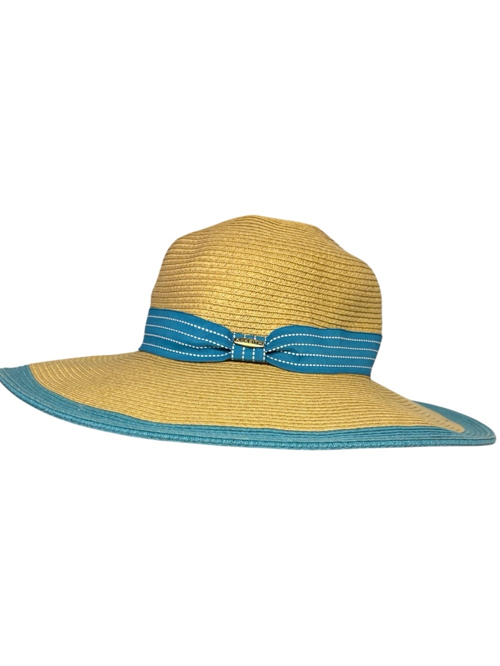 Karen Keith Paper Straw Wide Brim Sun Hat with Teal Trim and Ribbon